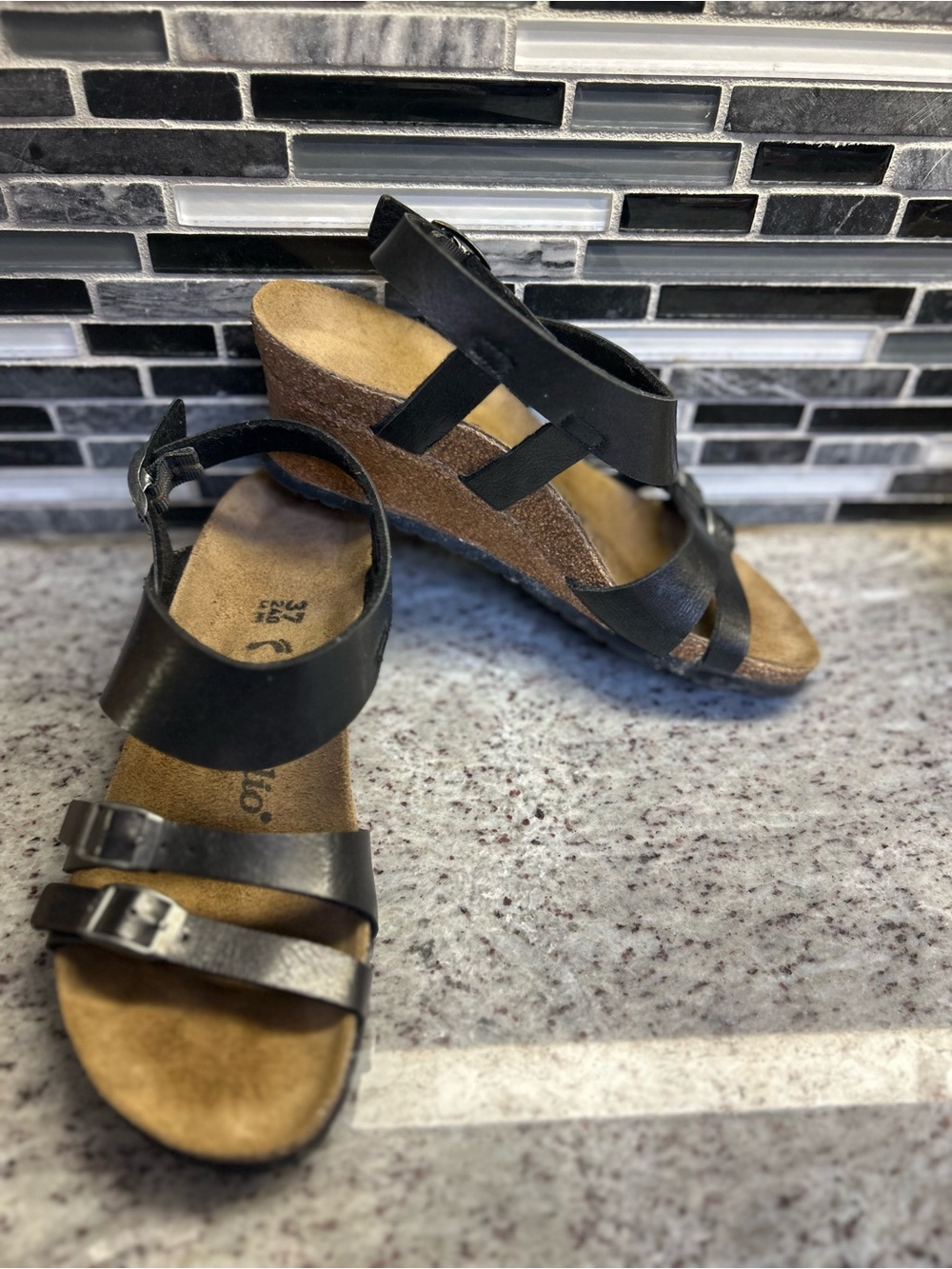 Birkenstock Papillio Women’s Black Strappy Cork Wedge Sandals size 6 (37)